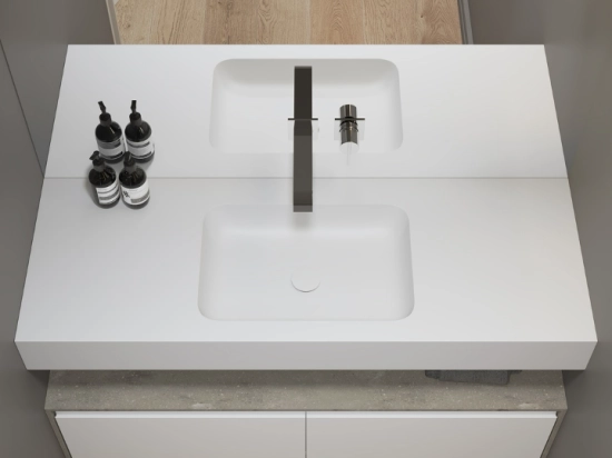 Plan vasque lavabo, sur mesure, Largeur 60 à 200 cm x Profondeur 46 à 80 cm, résine composite de haute qualité, Finition lisse blanc BRILLANT laqué, Livraison Offerte.